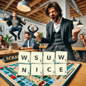 Kreatywna ilustracja do gry w Scrabble ze słowem WSUWNICE ułożonym z płytek na planszy.
