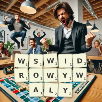Kreatywna ilustracja do gry w Scrabble ze słowem WSWIDROWYWALY ułożonym z płytek na planszy.