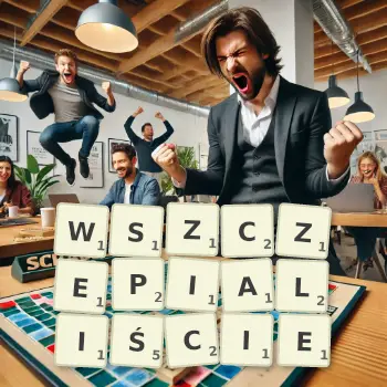 Kreatywna ilustracja do gry w Scrabble ze słowem WSZCZEPIALIŚCIE ułożonym z płytek na planszy.