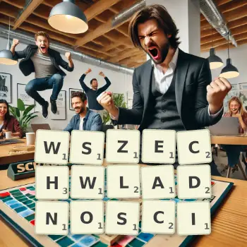 Kreatywna ilustracja do gry w Scrabble ze słowem WSZECHWLADNOSCI ułożonym z płytek na planszy.