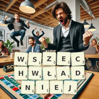 Kreatywna ilustracja do gry w Scrabble ze słowem WSZECHWŁADNIEJ ułożonym z płytek na planszy.