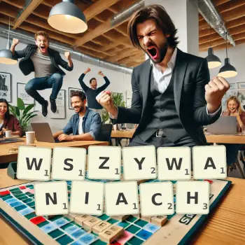 Kreatywna ilustracja do gry w Scrabble ze słowem WSZYWANIACH ułożonym z płytek na planszy.