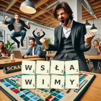 Kreatywna ilustracja do gry w Scrabble ze słowem WSŁAWIMY ułożonym z płytek na planszy.