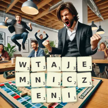Kreatywna ilustracja do gry w Scrabble ze słowem WTAJEMNICZENI ułożonym z płytek na planszy.