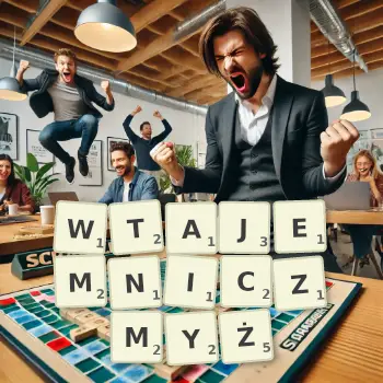 Kreatywna ilustracja do gry w Scrabble ze słowem WTAJEMNICZMYŻ ułożonym z płytek na planszy.
