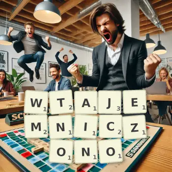 Kreatywna ilustracja do gry w Scrabble ze słowem WTAJEMNICZONO ułożonym z płytek na planszy.