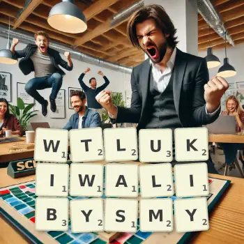 Kreatywna ilustracja do gry w Scrabble ze słowem WTLUKIWALIBYSMY ułożonym z płytek na planszy.