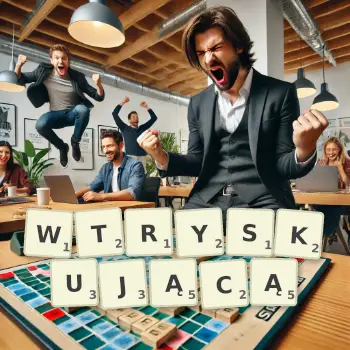 Kreatywna ilustracja do gry w Scrabble ze słowem WTRYSKUJĄCĄ ułożonym z płytek na planszy.