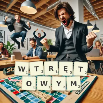 Kreatywna ilustracja do gry w Scrabble ze słowem WTRĘTOWYM ułożonym z płytek na planszy.