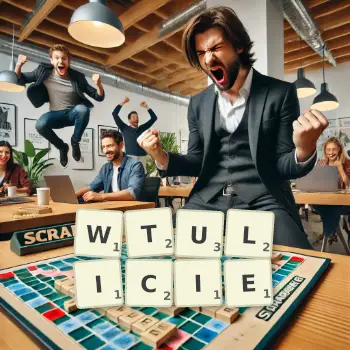 Kreatywna ilustracja do gry w Scrabble ze słowem WTULICIE ułożonym z płytek na planszy.