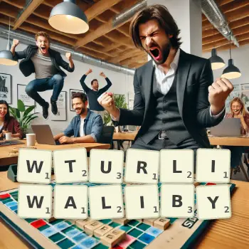 Kreatywna ilustracja do gry w Scrabble ze słowem WTURLIWALIBY ułożonym z płytek na planszy.