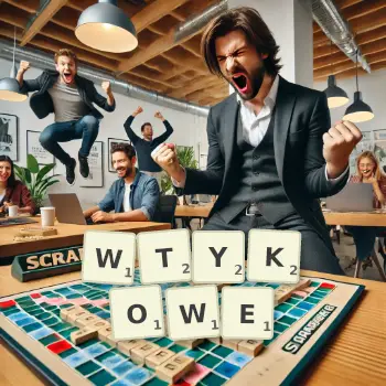 Kreatywna ilustracja do gry w Scrabble ze słowem WTYKOWE ułożonym z płytek na planszy.