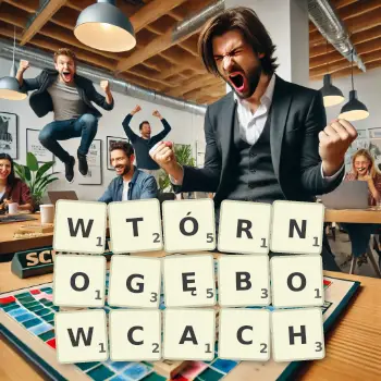 Kreatywna ilustracja do gry w Scrabble ze słowem WTÓRNOGĘBOWCACH ułożonym z płytek na planszy.