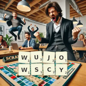 Kreatywna ilustracja do gry w Scrabble ze słowem WUJOWSCY ułożonym z płytek na planszy.