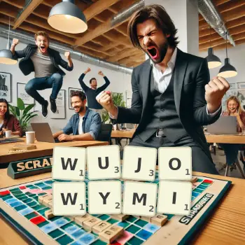 Kreatywna ilustracja do gry w Scrabble ze słowem WUJOWYMI ułożonym z płytek na planszy.