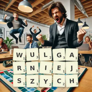 Kreatywna ilustracja do gry w Scrabble ze słowem WULGARNIEJSZYCH ułożonym z płytek na planszy.