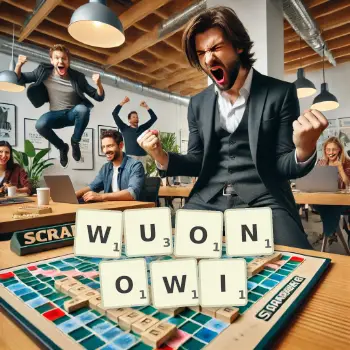 Kreatywna ilustracja do gry w Scrabble ze słowem WUONOWI ułożonym z płytek na planszy.
