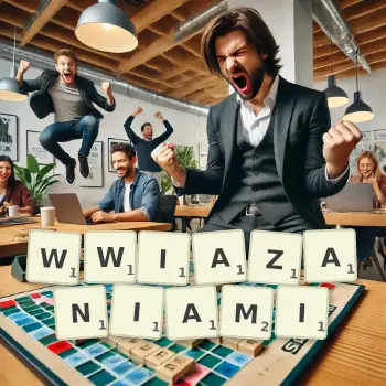 Kreatywna ilustracja do gry w Scrabble ze słowem WWIAZANIAMI ułożonym z płytek na planszy.