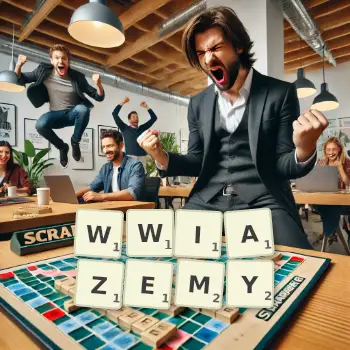 Kreatywna ilustracja do gry w Scrabble ze słowem WWIAZEMY ułożonym z płytek na planszy.