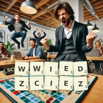 Kreatywna ilustracja do gry w Scrabble ze słowem WWIEDZCIEZ ułożonym z płytek na planszy.