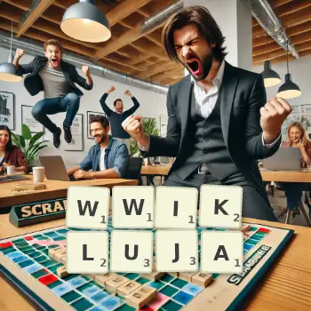 Kreatywna ilustracja do gry w Scrabble ze słowem WWIKLUJA ułożonym z płytek na planszy.