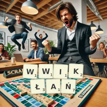 Kreatywna ilustracja do gry w Scrabble ze słowem WWIKŁAŃ ułożonym z płytek na planszy.