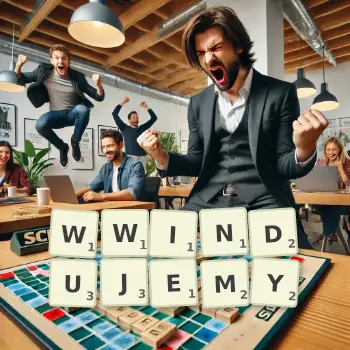 Kreatywna ilustracja do gry w Scrabble ze słowem WWINDUJEMY ułożonym z płytek na planszy.