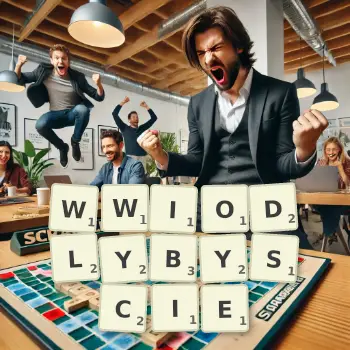 Kreatywna ilustracja do gry w Scrabble ze słowem WWIODLYBYSCIE ułożonym z płytek na planszy.