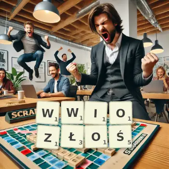 Kreatywna ilustracja do gry w Scrabble ze słowem WWIOZŁOŚ ułożonym z płytek na planszy.