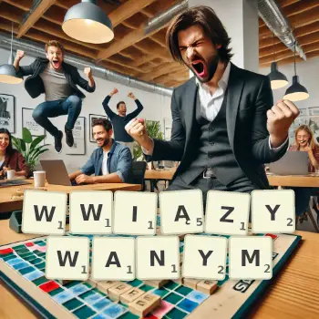 Kreatywna ilustracja do gry w Scrabble ze słowem WWIĄZYWANYM ułożonym z płytek na planszy.