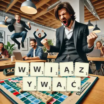 Kreatywna ilustracja do gry w Scrabble ze słowem WWIĄZYWAĆ ułożonym z płytek na planszy.