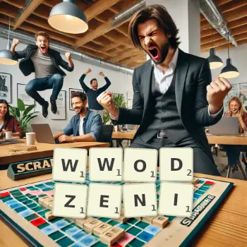 Kreatywna ilustracja do gry w Scrabble ze słowem WWODZENI ułożonym z płytek na planszy.