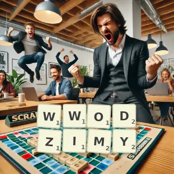 Kreatywna ilustracja do gry w Scrabble ze słowem WWODZIMY ułożonym z płytek na planszy.