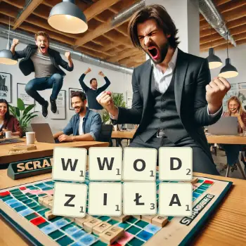 Kreatywna ilustracja do gry w Scrabble ze słowem WWODZIŁA ułożonym z płytek na planszy.