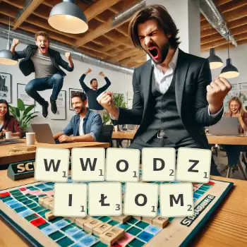 Kreatywna ilustracja do gry w Scrabble ze słowem WWODZIŁOM ułożonym z płytek na planszy.