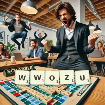 Kreatywna ilustracja do gry w Scrabble ze słowem WWOZU ułożonym z płytek na planszy.