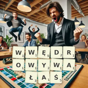 Kreatywna ilustracja do gry w Scrabble ze słowem WWĘDROWYWAŁAŚ ułożonym z płytek na planszy.