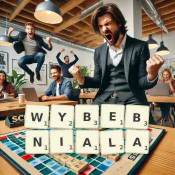 Kreatywna ilustracja do gry w Scrabble ze słowem WYBEBNIALA ułożonym z płytek na planszy.