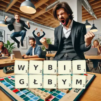 Kreatywna ilustracja do gry w Scrabble ze słowem WYBIEGŁBYM ułożonym z płytek na planszy.