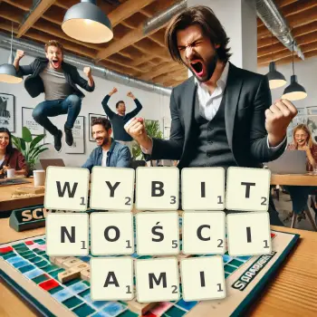 Kreatywna ilustracja do gry w Scrabble ze słowem WYBITNOŚCIAMI ułożonym z płytek na planszy.