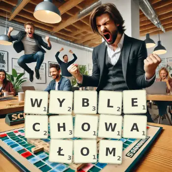 Kreatywna ilustracja do gry w Scrabble ze słowem WYBLECHOWAŁOM ułożonym z płytek na planszy.