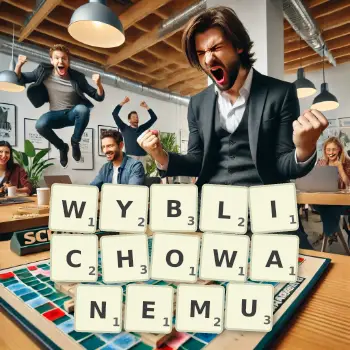 Kreatywna ilustracja do gry w Scrabble ze słowem WYBLICHOWANEMU ułożonym z płytek na planszy.