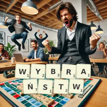 Kreatywna ilustracja do gry w Scrabble ze słowem WYBRAŃSTW ułożonym z płytek na planszy.