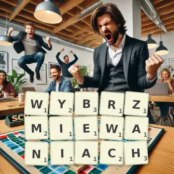 Kreatywna ilustracja do gry w Scrabble ze słowem WYBRZMIEWANIACH ułożonym z płytek na planszy.