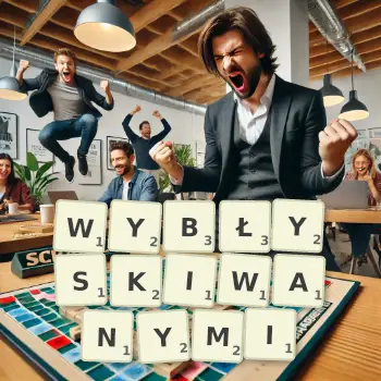 Kreatywna ilustracja do gry w Scrabble ze słowem WYBŁYSKIWANYMI ułożonym z płytek na planszy.