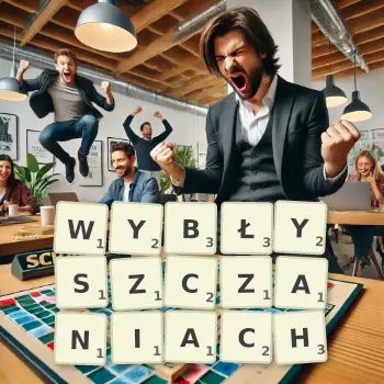 Kreatywna ilustracja do gry w Scrabble ze słowem WYBŁYSZCZANIACH ułożonym z płytek na planszy.