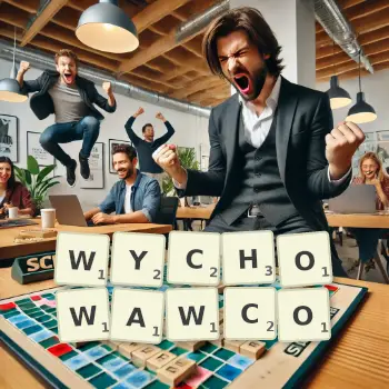 Kreatywna ilustracja do gry w Scrabble ze słowem WYCHOWAWCO ułożonym z płytek na planszy.