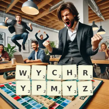 Kreatywna ilustracja do gry w Scrabble ze słowem WYCHRYPMYZ ułożonym z płytek na planszy.