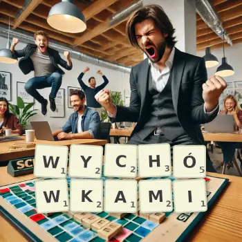 Kreatywna ilustracja do gry w Scrabble ze słowem WYCHÓWKAMI ułożonym z płytek na planszy.