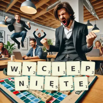 Kreatywna ilustracja do gry w Scrabble ze słowem WYCIEPNIĘTE ułożonym z płytek na planszy.